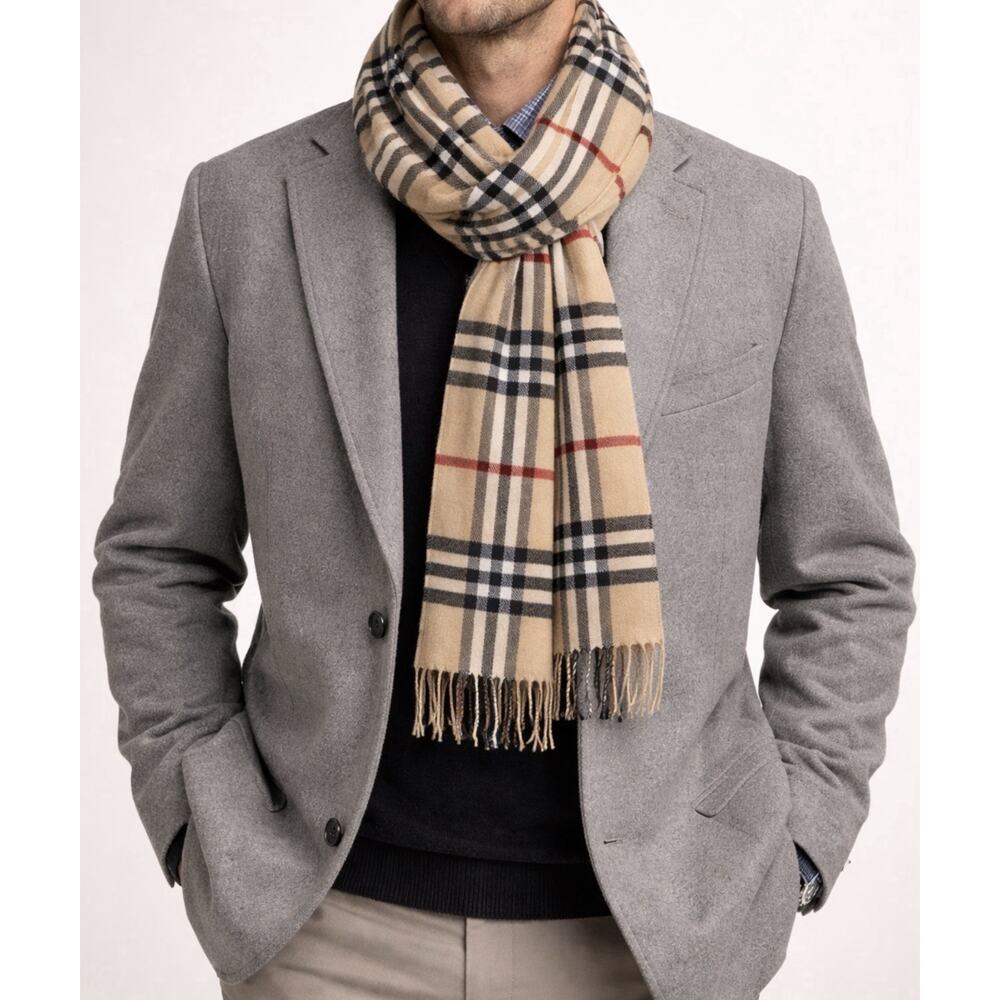 V. Fraas Cashmink Men's Scarf Beige Burberry Like Fringe 100% Acrylic